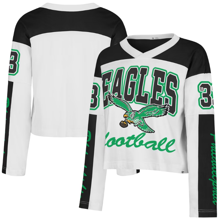 Philadelphia Eagles '47 Women's White Exclamation Metro V-Neck Long Sleeve Jersey T-Shirt