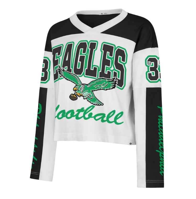 Philadelphia Eagles '47 Women's White Exclamation Metro V-Neck Long Sleeve Jersey T-Shirt
