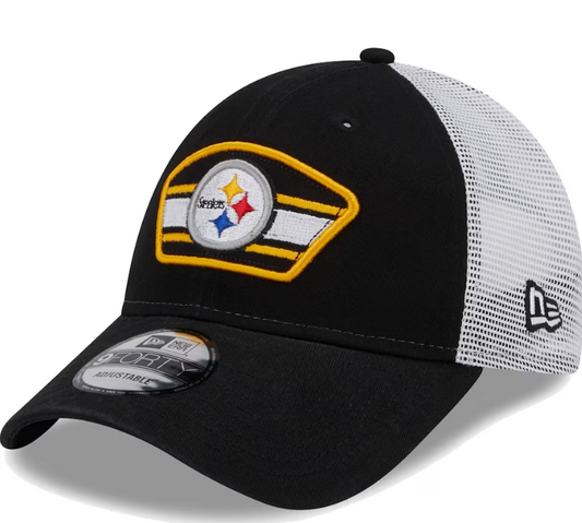 Pittsburgh Steelers New Era Logo Patch Trucker Mesh 9Forty Snap Back Hat - Black
