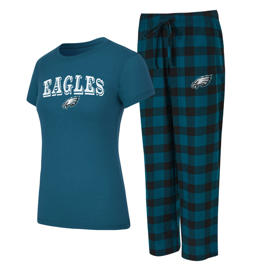Philadelphia Eagles Concepts Sport Avondale Women's T-Shirt & Flannel Pants Set -Green/Black