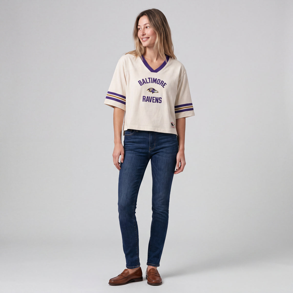 Baltimore Ravens Women's Cream Retro Roots Cropped Boxy Yoke T-Shirt