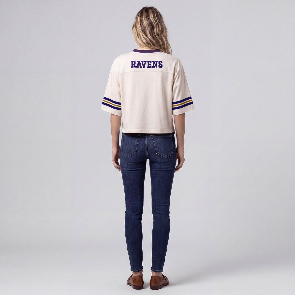 Baltimore Ravens Women's Cream Retro Roots Cropped Boxy Yoke T-Shirt