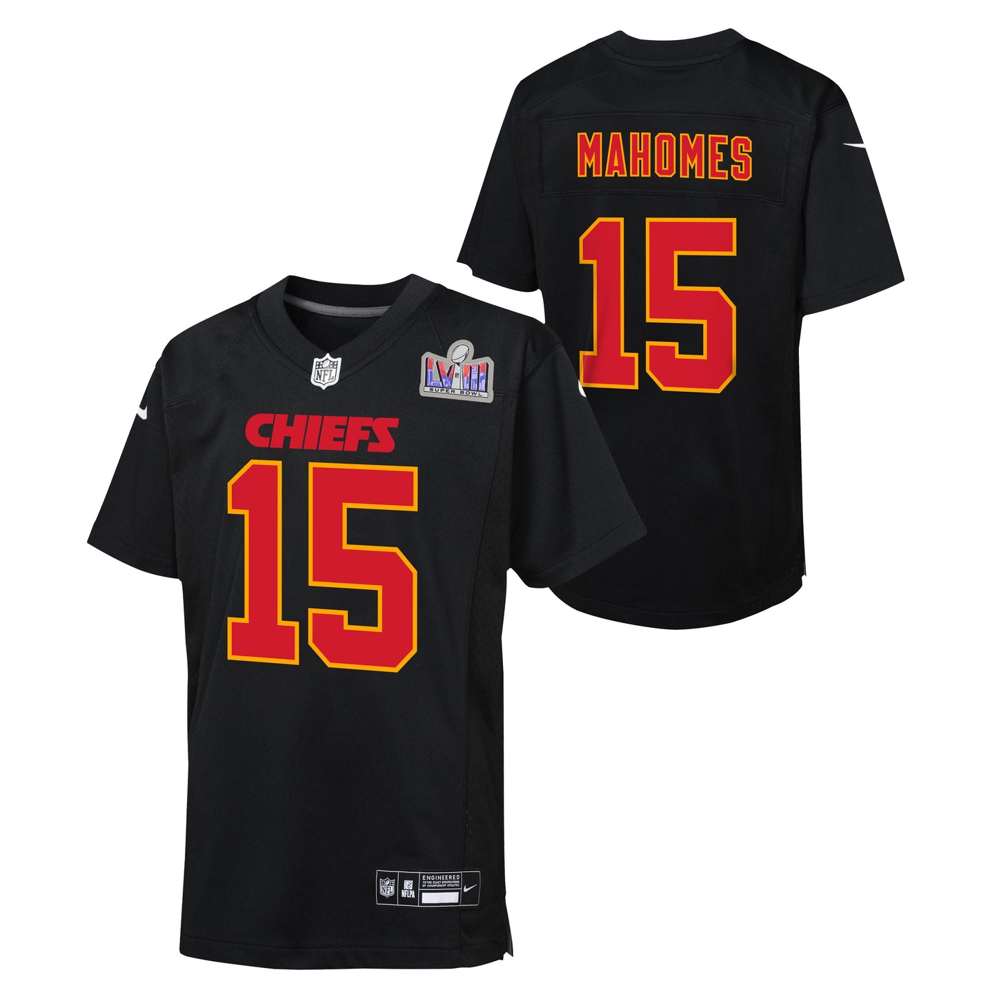 Kansas City Chiefs Patrick Mahomes Nike Youth Super Bowl LVIII Patch Carbon Fashion Game Jersey - Black