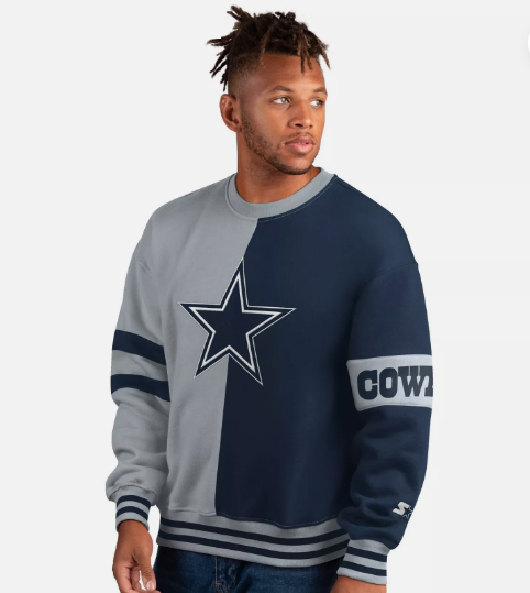 Dallas Cowboys Starter Lineup Split Fleece Crew Pullover Sweat Shirt - Blue / Silver