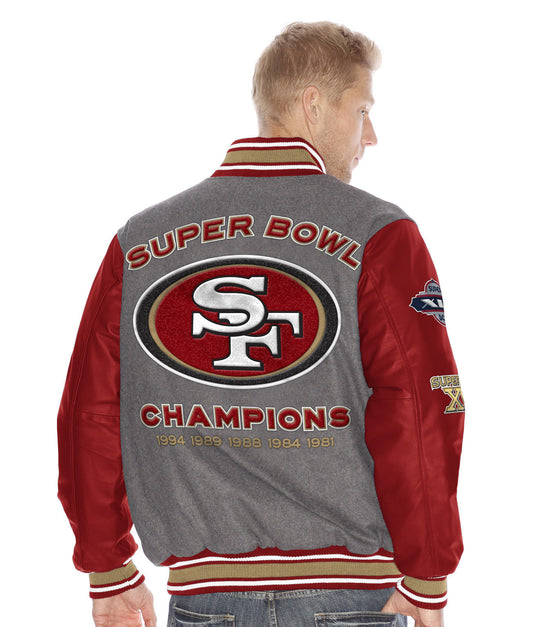 San Francisco 49ers Frozen Tundra Varsity 5 Time Champions Wool Leather Jacket