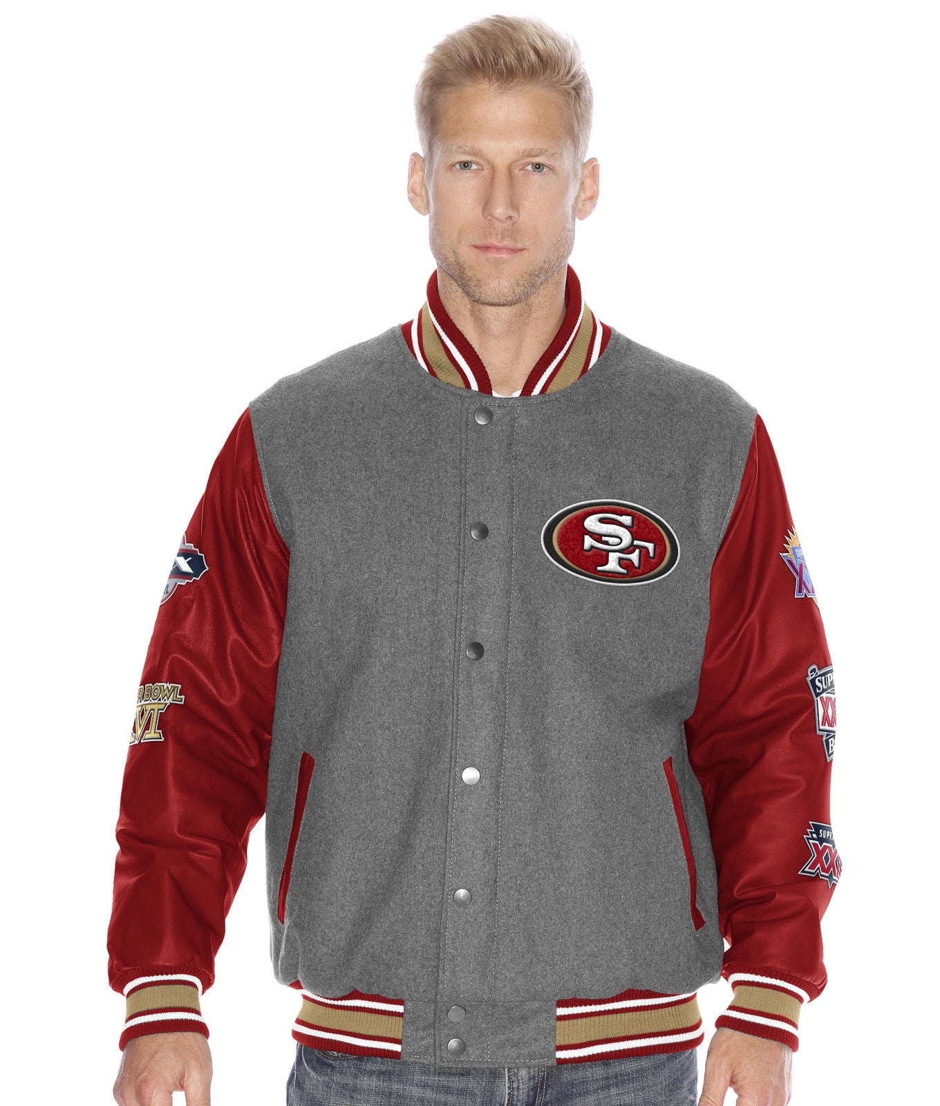 San Francisco 49ers Frozen Tundra Varsity 5 Time Champions Wool Leather Jacket