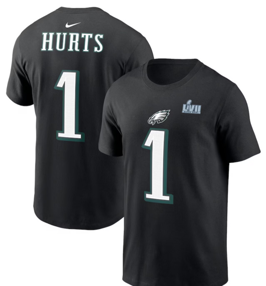 Philadelphia Eagles Nike #1 Jalen Hurts Youth Super Bowl LVII Participant t-shirt- Black