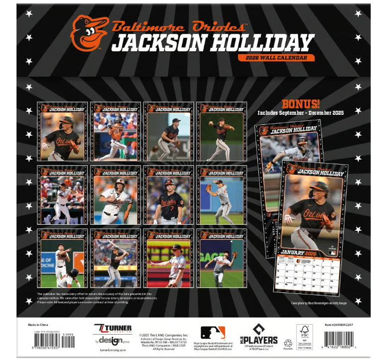 MLB Baltimore Orioles Jackson Holliday 2026 Wall Calendar