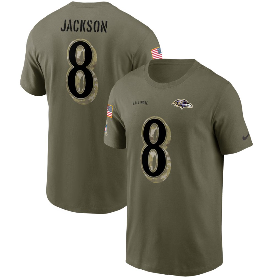Lamar Jackson Baltimore Ravens Saulte to Service Name & Number Men's T-shirt