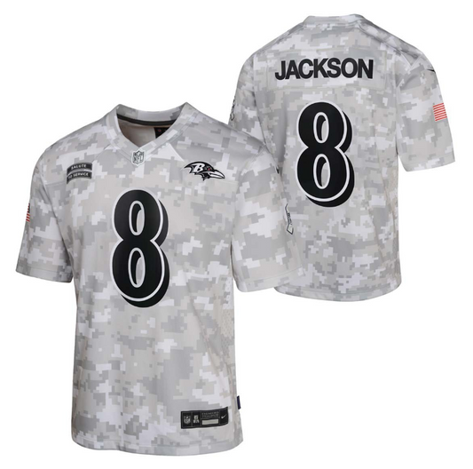Baltimore Ravens Nike #8 Lamar Jackson Youth Salute To Service Game Jersey -Gray/Camo