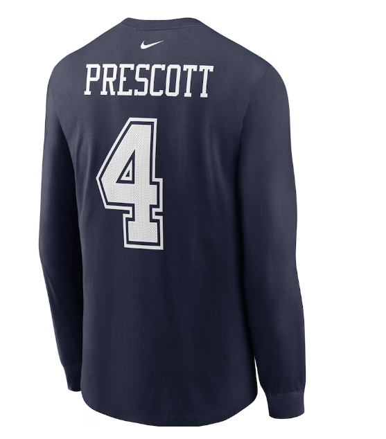 Dallas Cowboys Nike #4 Dak Prescott  Player Name & Number Long Sleeve Shirt