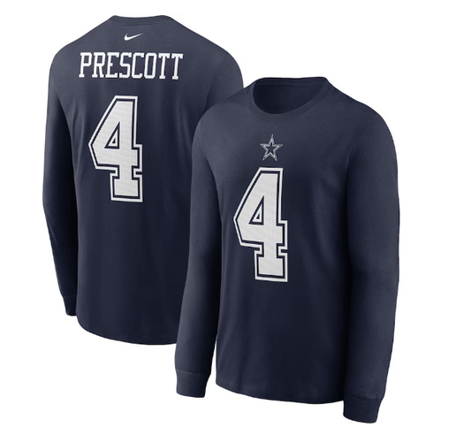 Dallas Cowboys Nike #4 Dak Prescott  Player Name & Number Long Sleeve Shirt
