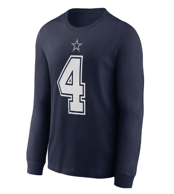 Dallas Cowboys Nike #4 Dak Prescott  Player Name & Number Long Sleeve Shirt