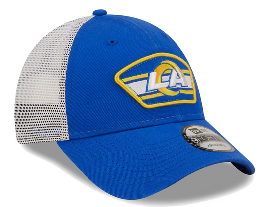 Los Angeles Rams New Era Logo Patch Trucker Mesh 9Forty Snap Back Hat - Blue
