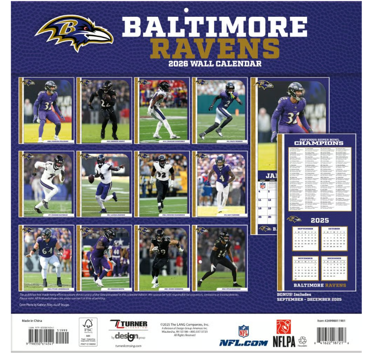 NFL Baltimore Ravens 2026 Wall Calendar