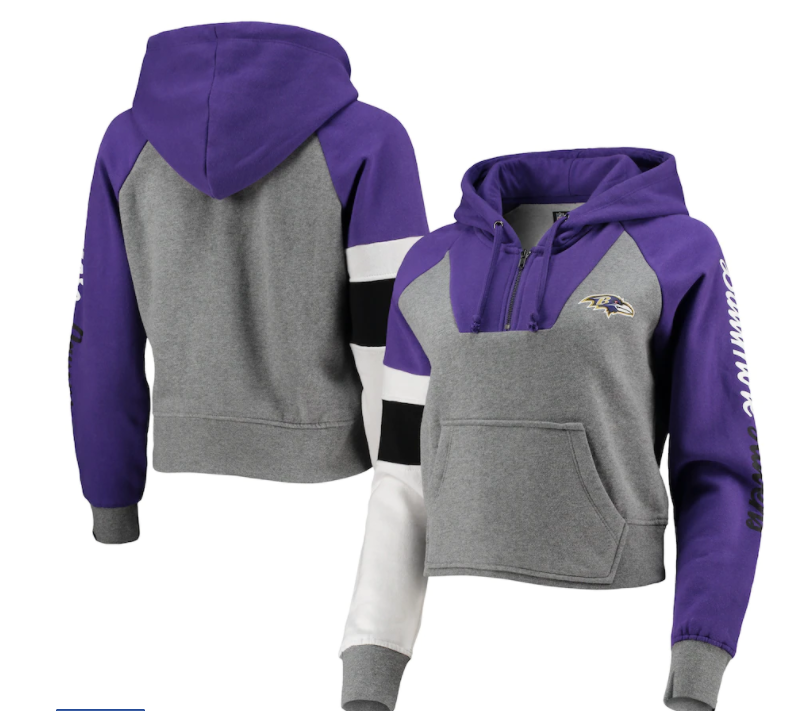 Baltimore Ravens New Era Women's Color Block Crop Raglan Hoodie - Purple / Gray
