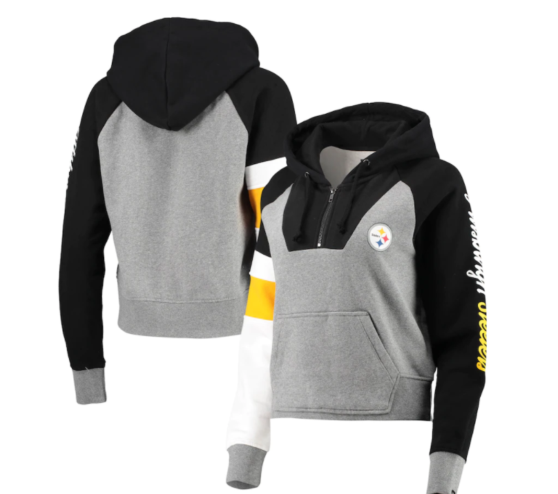 Pittsburgh Steelers New Era Womens Color Block Crop Raglan Hoodie - Black / Gray