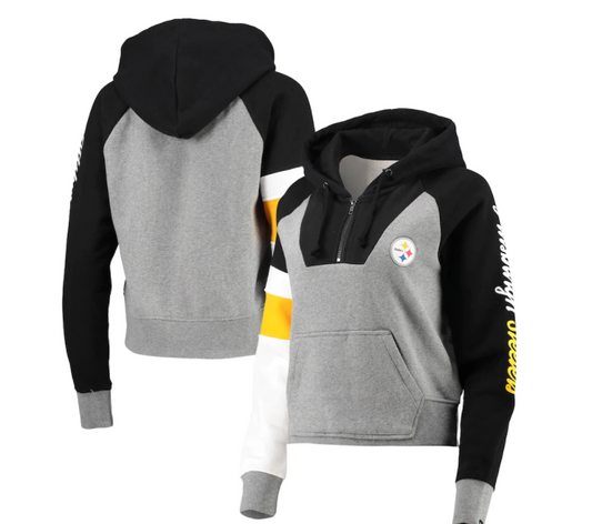 Pittsburgh Steelers New Era Womens Color Block Crop Raglan Hoodie - Black / Gray