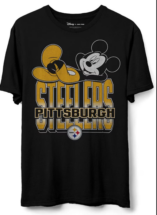 Pittsburgh Steelers Black Junk Food Mickey Mouse Kick Back Short Sleeve T Shirt